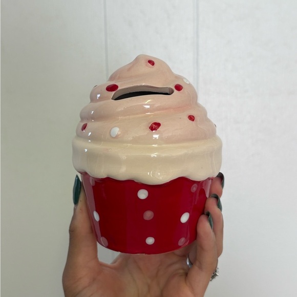 Vintage Red and Cream Polka Dot Cupcake Ceramic Decor - Picture 3 of 3